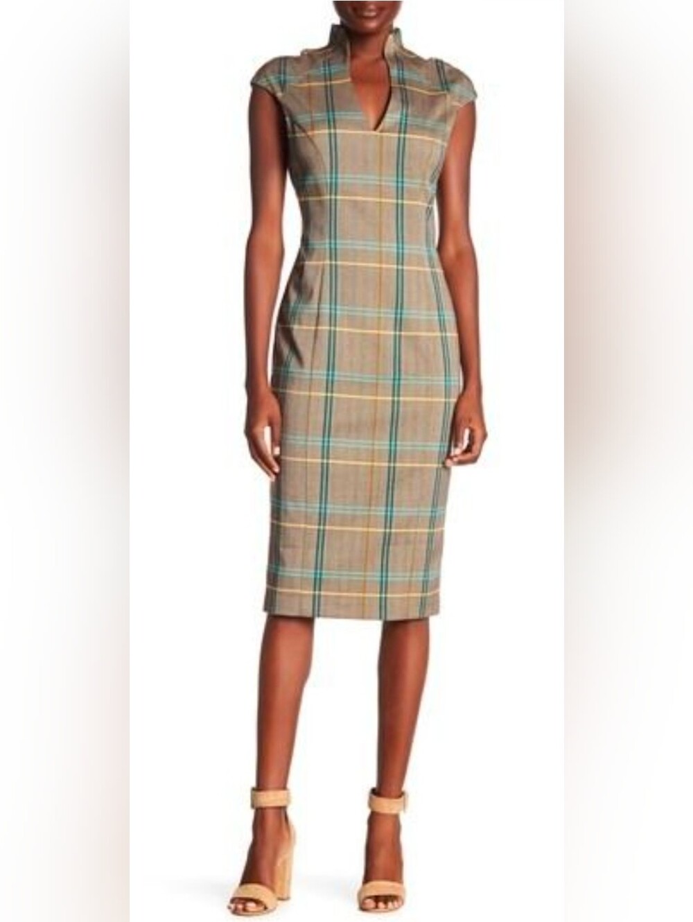Alexia Admor Brown Plaid Midi Dress with Teal & Yellow Lines - Size L